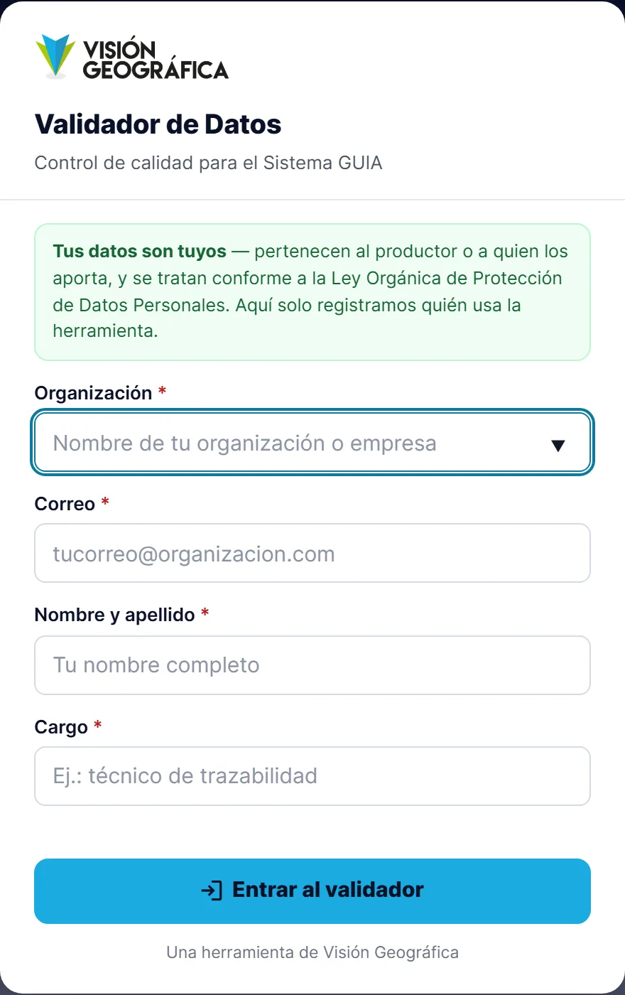 Ventana de acceso del validador con los campos de organización, correo, nombre y cargo