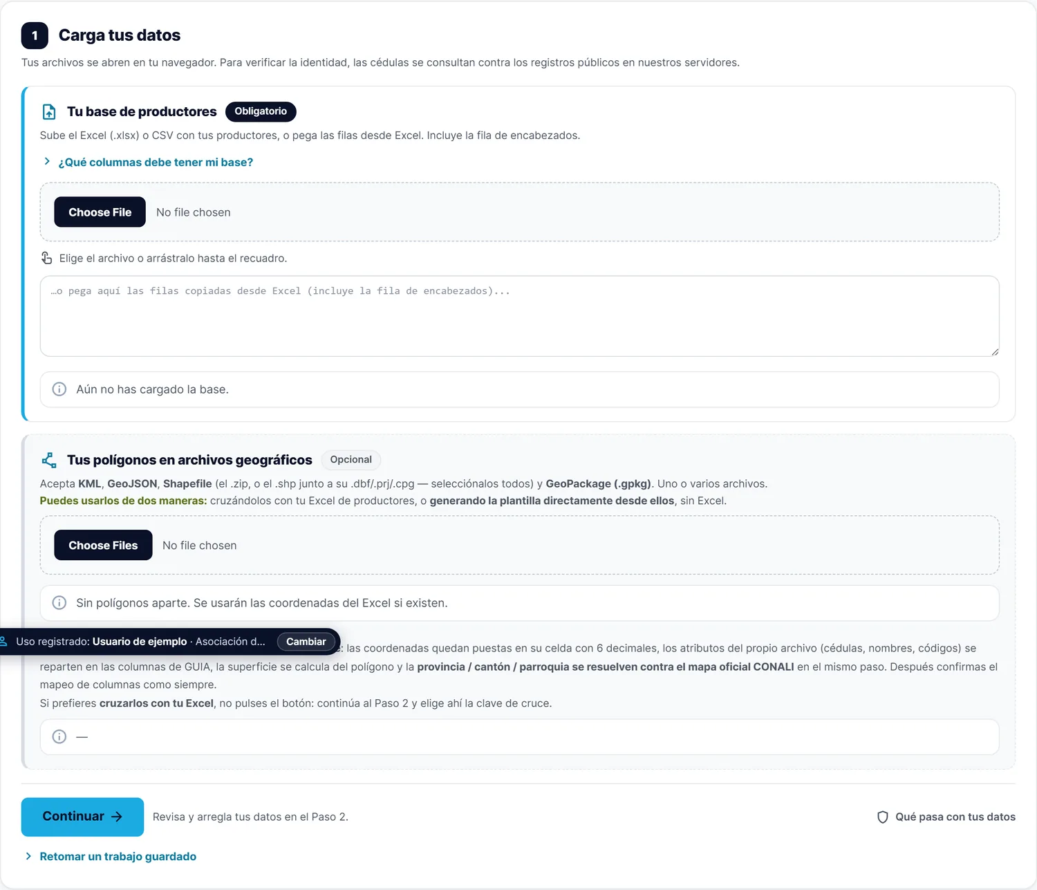 Paso 1 del validador: cajas para subir la base de productores y los archivos geográficos