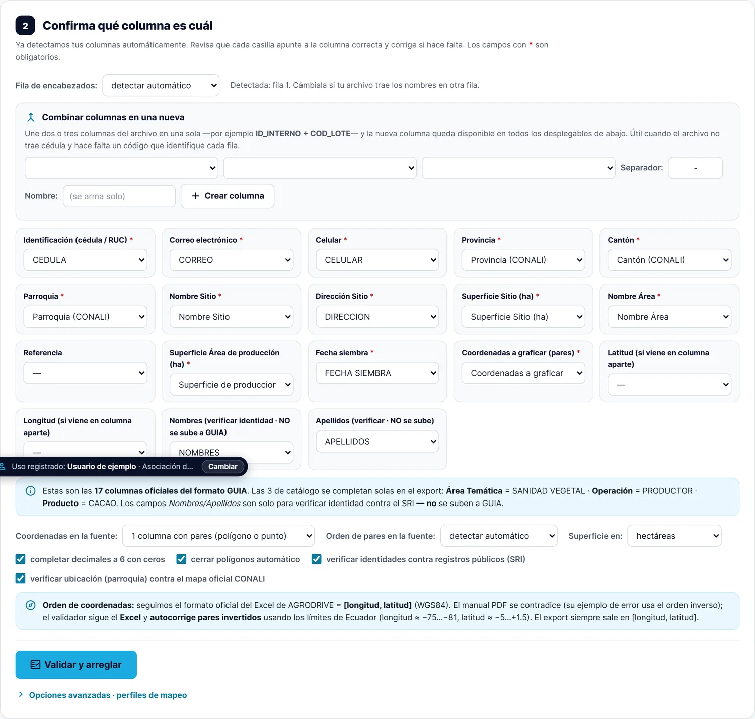 Paso 2 del validador: desplegables para confirmar qué columna del archivo corresponde a cada campo de GUIA