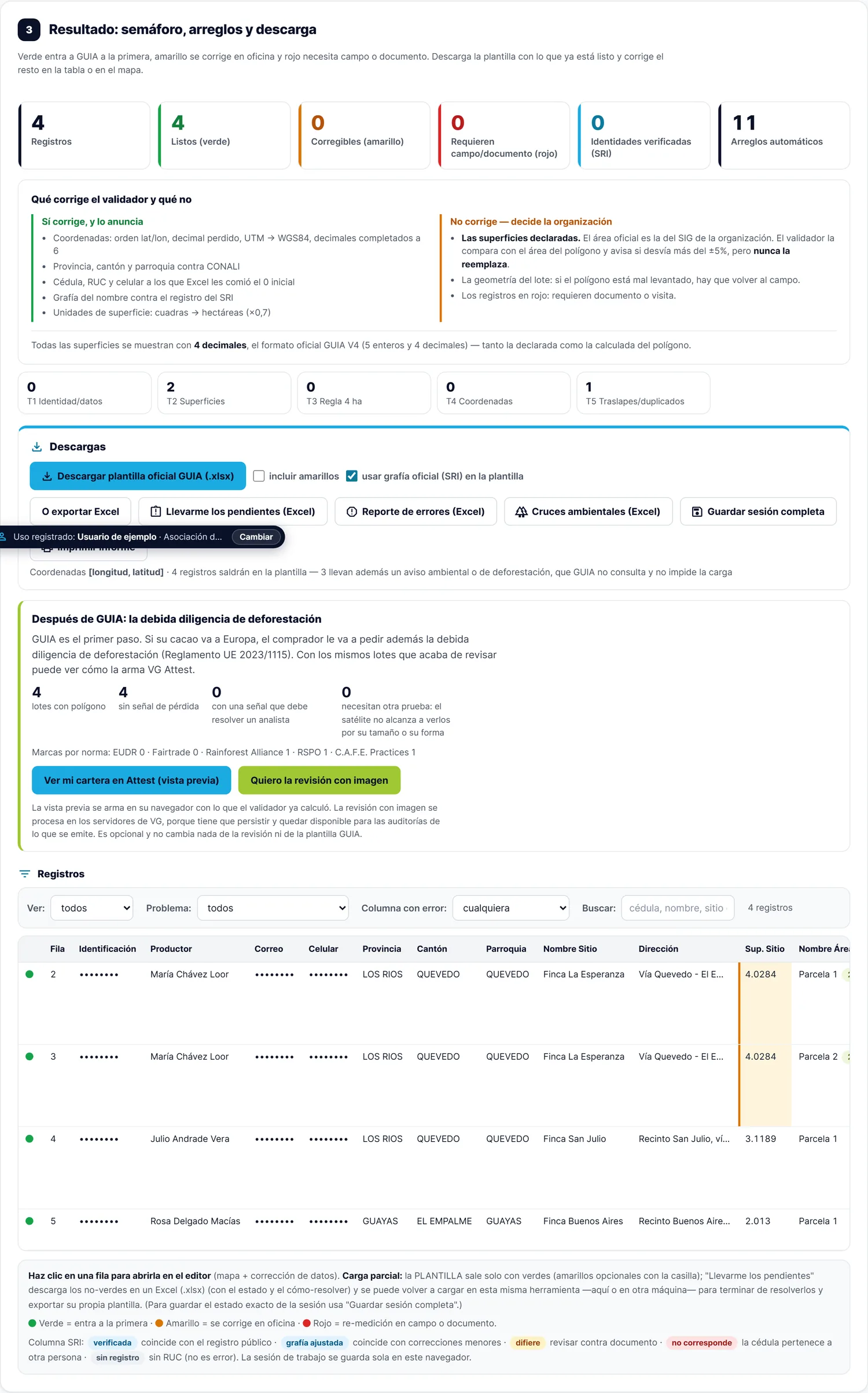 Pantalla completa del paso 3, con el resumen, lo que corrige y lo que no, las descargas y la tabla de registros
