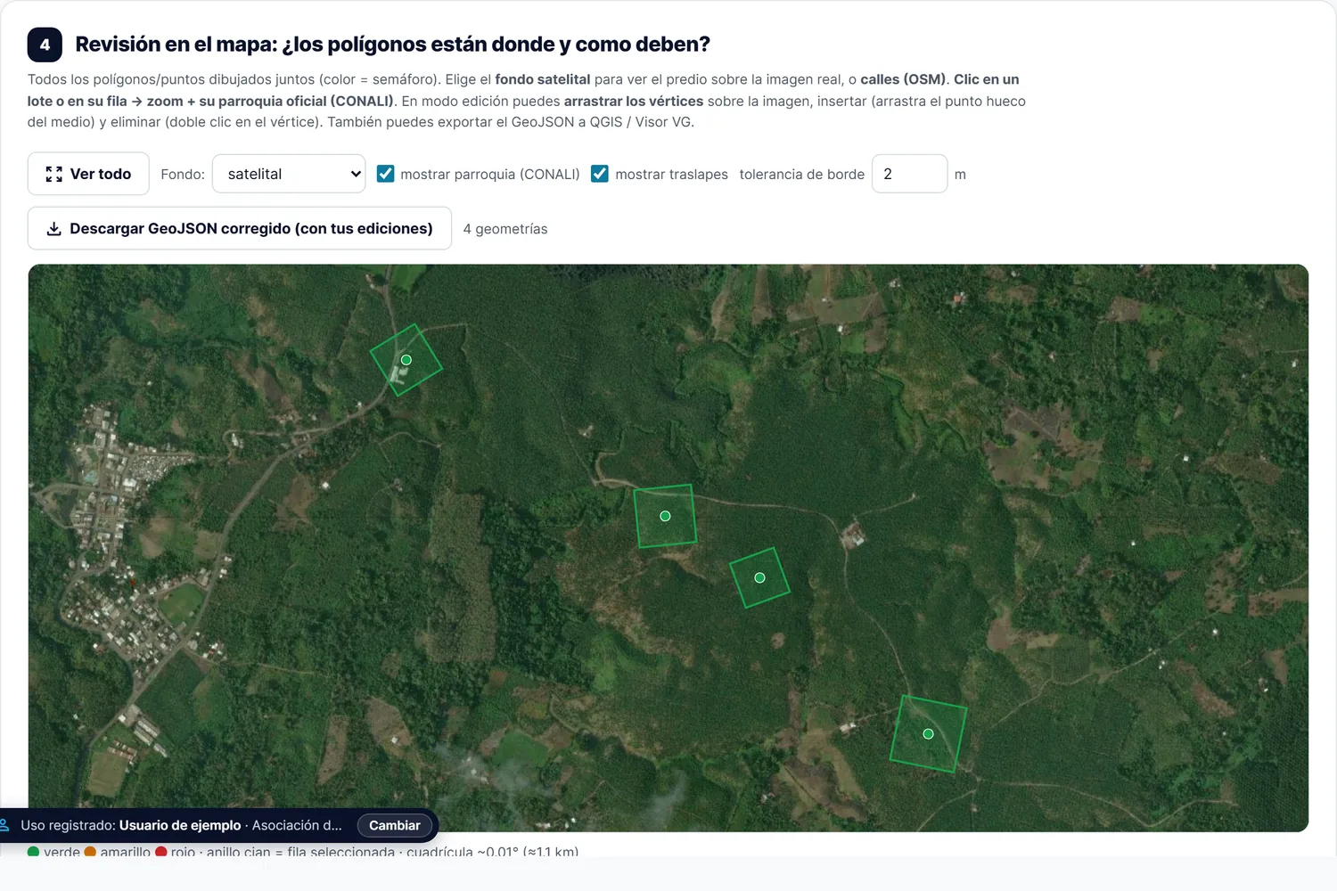 Paso 4: las parcelas del ejemplo dibujadas en verde sobre la imagen satelital
