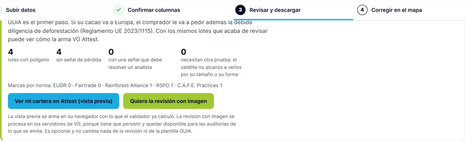 Bloque al final del validador que ofrece la vista previa de la debida diligencia de deforestación